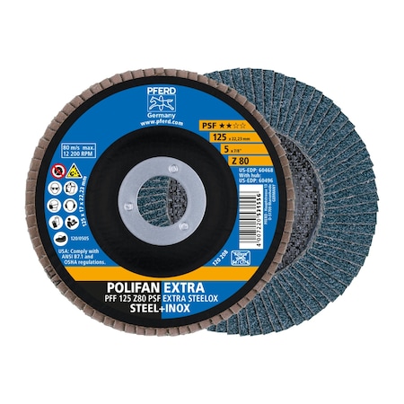 Pferd 5" x 7/8" A.H. POLIFAN Flap Disc - Z PSF EXTRA STEELOX, Zirconia, 80 Grit, Flat 60468